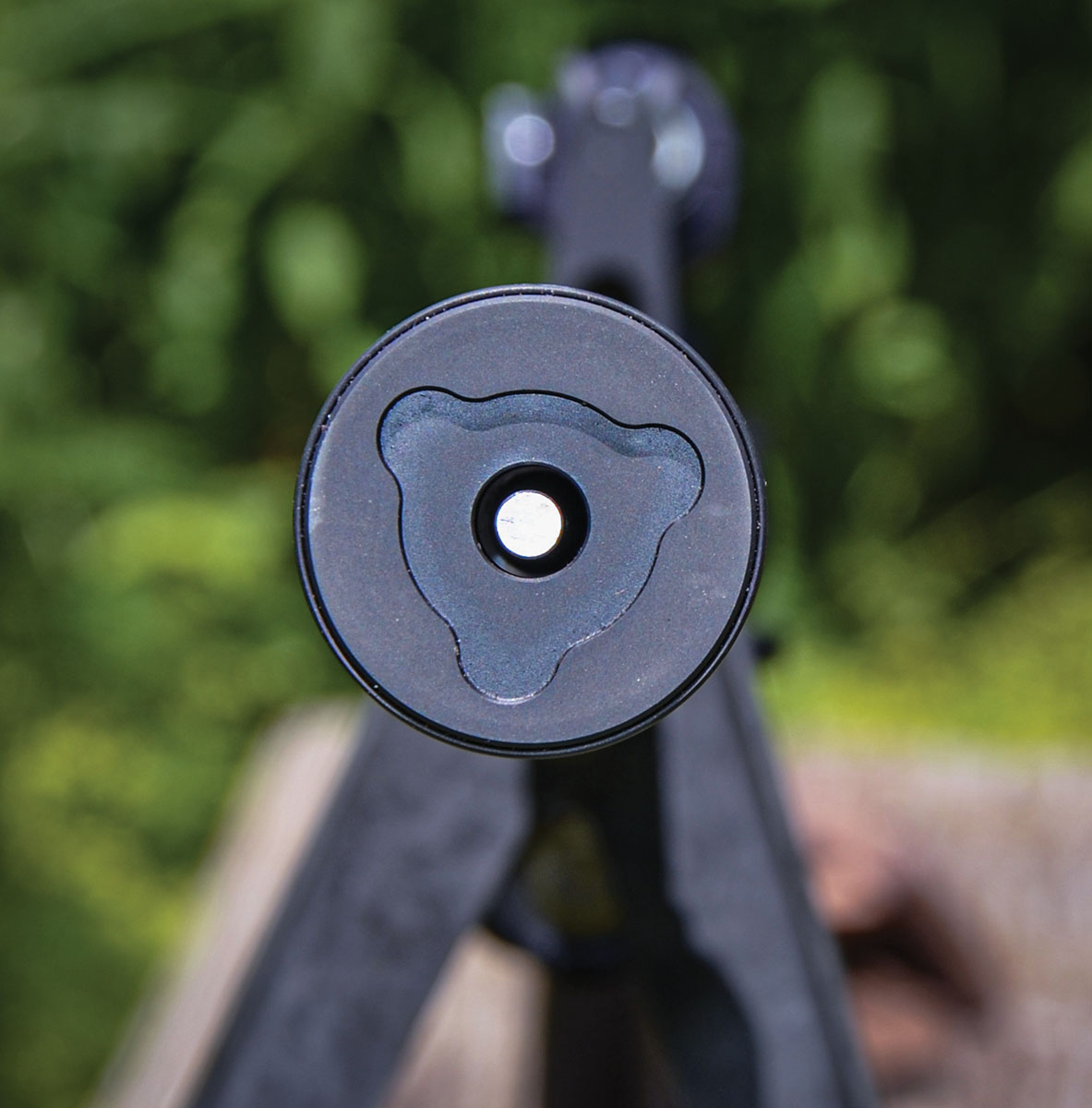 A Geissele rod shown in the barrel of a rifle in 223 Remington indicates perfect alignment with the bore of a .30-caliber suppressor.